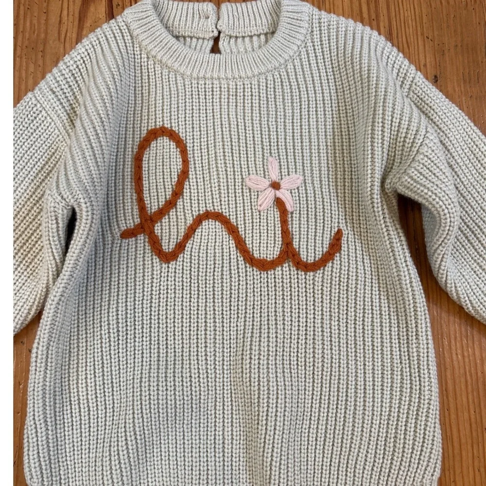 SHEIN Knit Romper Kids Grey Hi Flower Embroidered Sweater One Piece SIZE‎ 12-18M